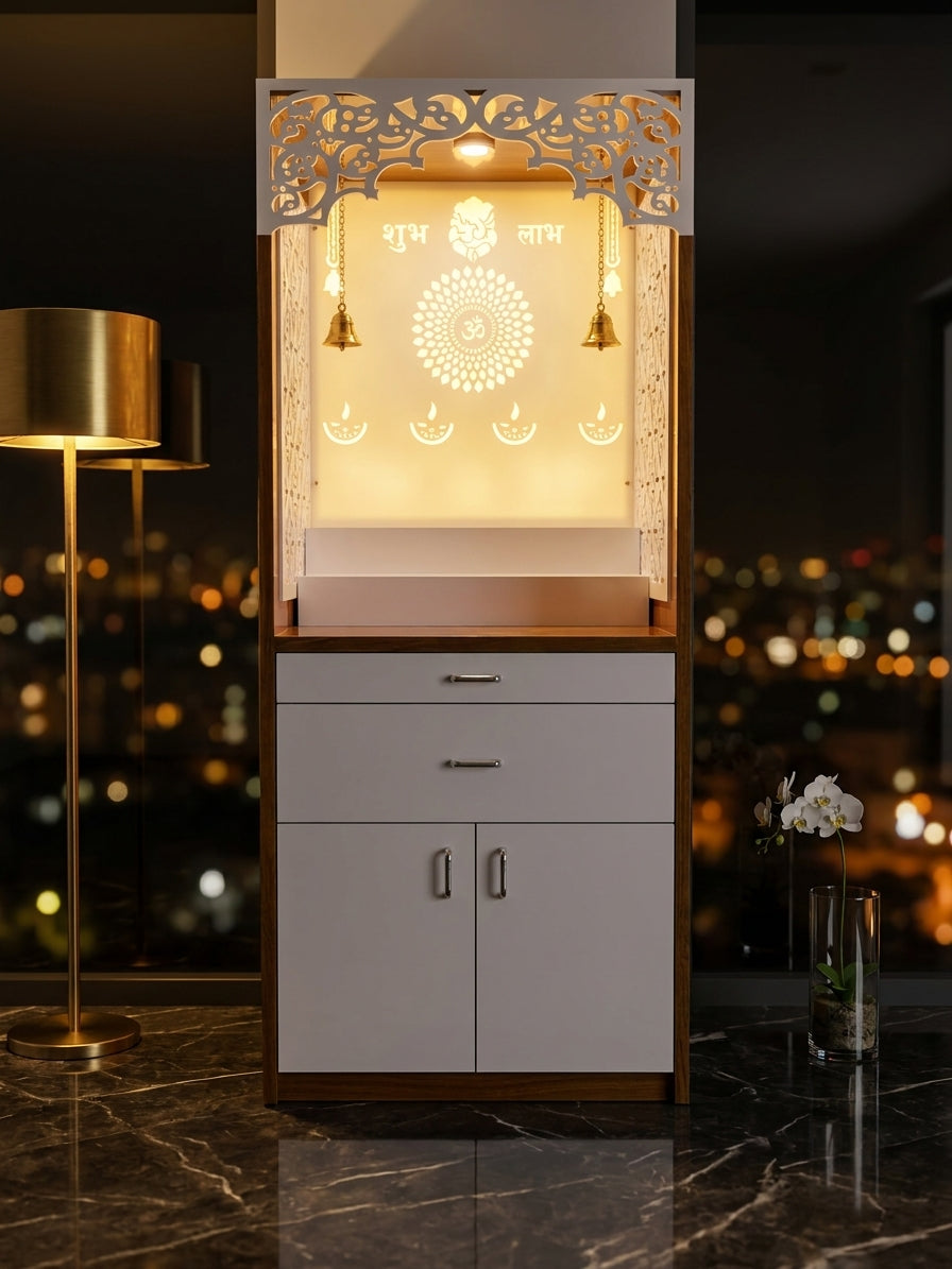 Acrylic Corian Mandir with Storage Unit — Drawer Pooja Cabinet — Luxury Indian Home Interior — Satguru Creations