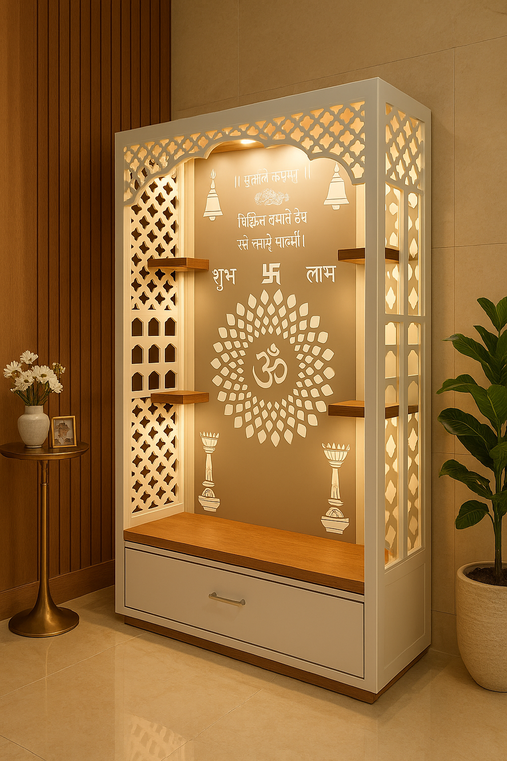 Acrylic Mandir with Floating Shelves — 5ft Open Altar — Luxury Indian Home Interior — Satguru Creations
