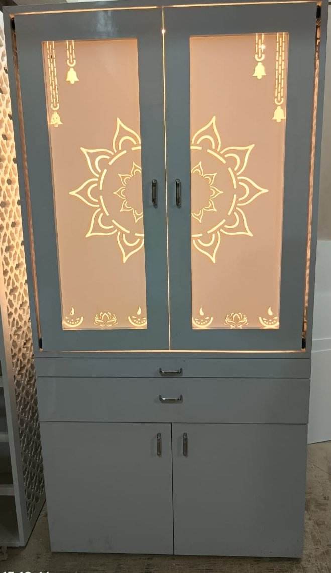 Acrylic Mandir with pocket door and floating shelves - Home temple