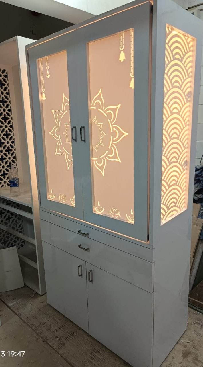 Acrylic Mandir with pocket door and floating shelves - Home temple