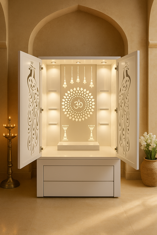 Acrylic Pooja Mandir for Home — Custom Jaali Design — Luxury Indian Home Interior — Satguru Creations