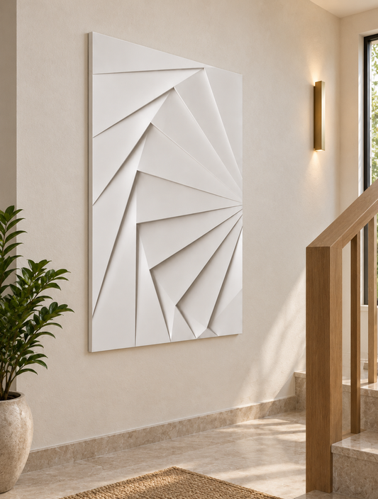 CWP-638 Angular Fold Rhythm Corian Wall Panel, 2.5 ft wide x 4 ft high, left view in a Mumbai stair landing; AI-assisted concept visualisation