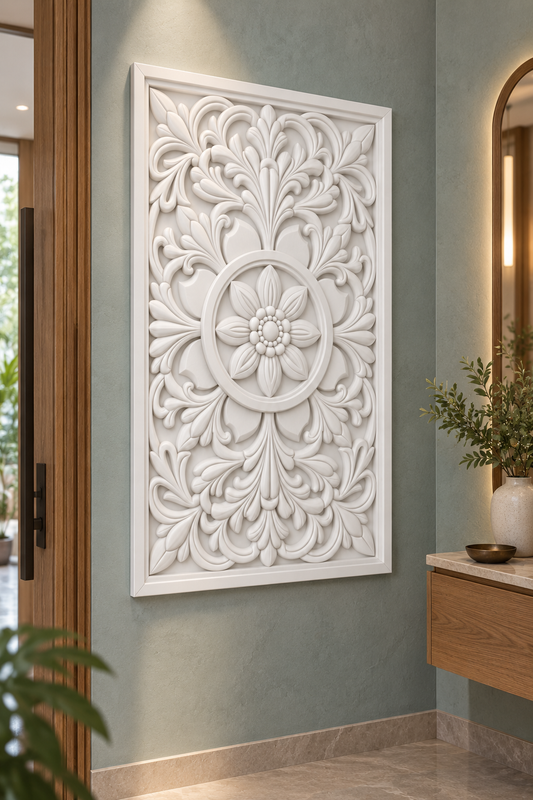 Beaded Blossom Laurel Ring Corian wall panel, left view on an entrance foyer wall in a Mumbai home; AI-assisted concept visualisation