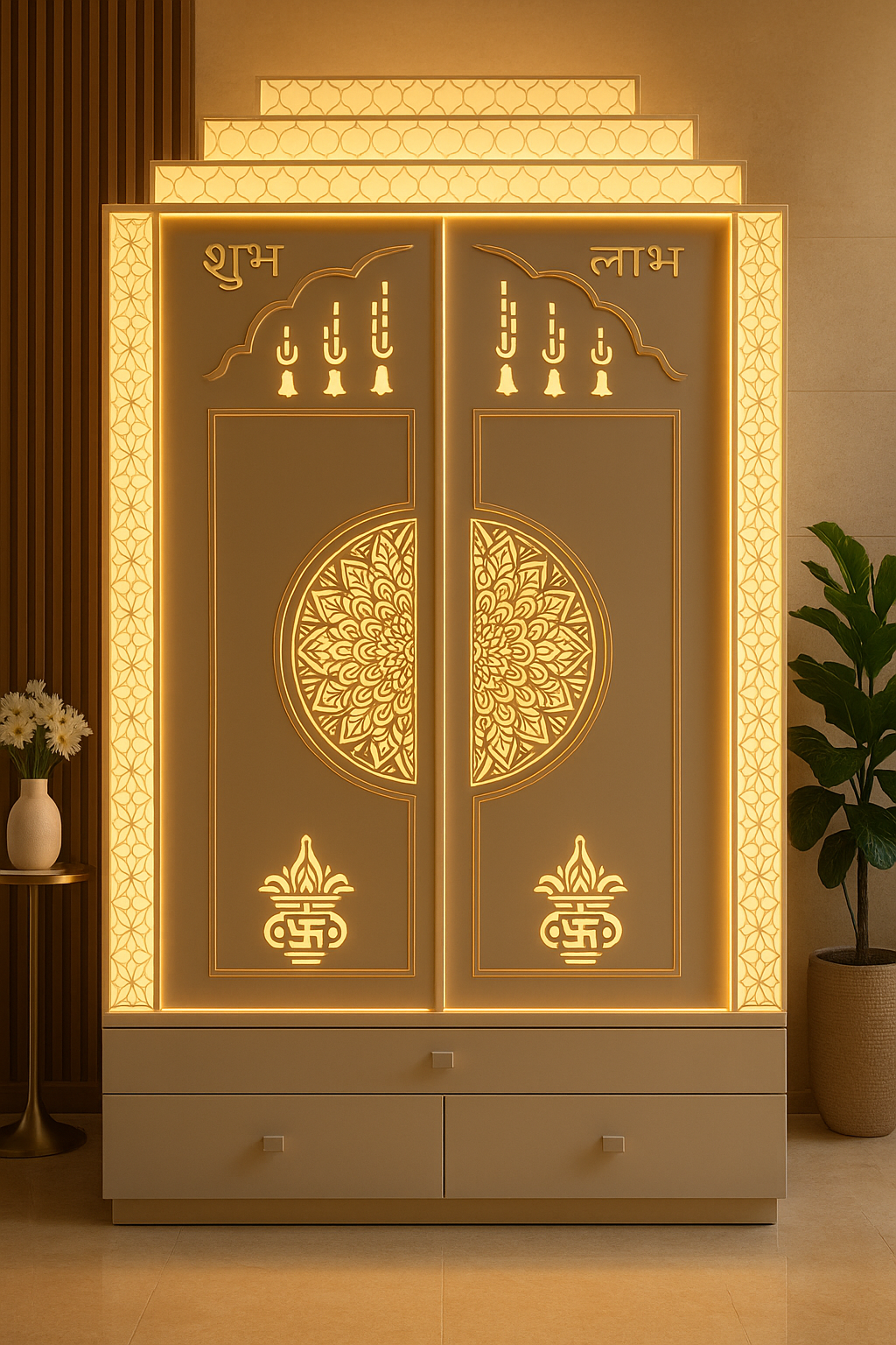 Large Corian Temple Sliding Door with Backlit Jali Pillars — Luxury Indian Home Interior — Satguru Creations