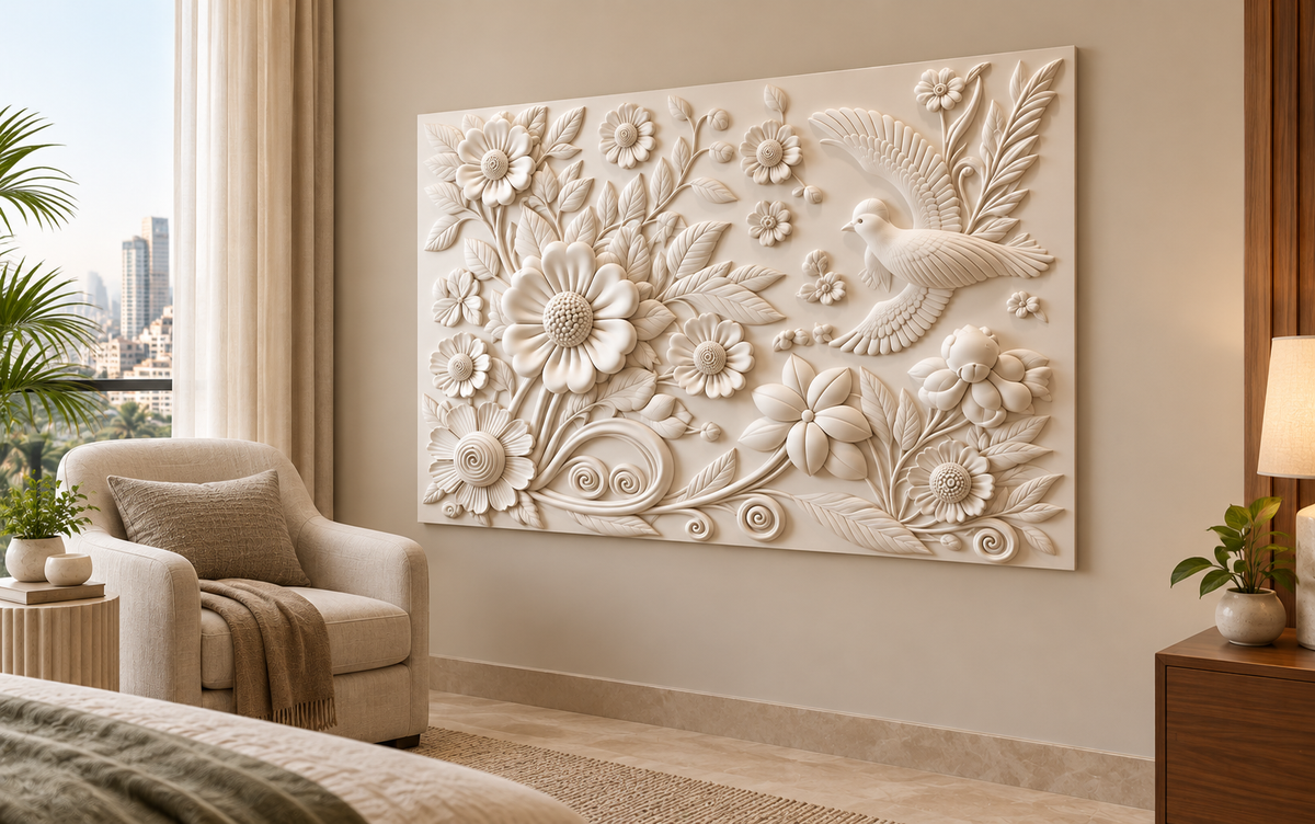 CWP-654 Bird and Blossom Scrollwork Corian Wall Panel, 4 ft wide x 2.5 ft high, right view in a Mumbai bedroom reading corner; AI-assisted concept visualisation