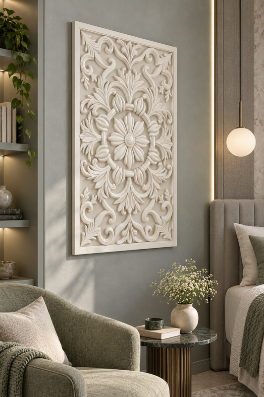 Bud Bound Floral Ring Corian wall panel, left view on a bedroom reading alcove in a Mumbai home; AI-assisted concept visualisation