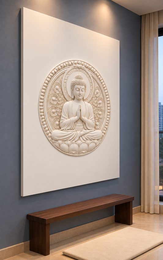 Buddha Prayer Medallion Corian wall panel, left view in a Bandra apartment contemplation room