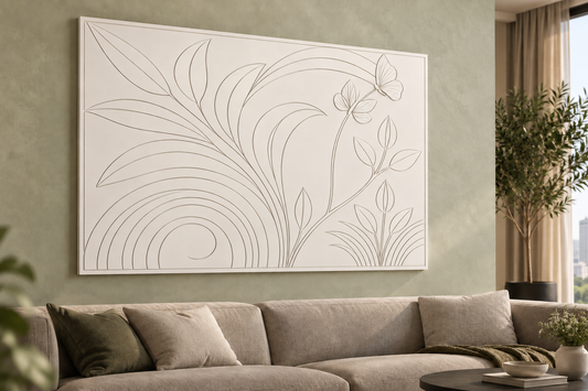 Butterfly Petal Arc Corian Wall Panel CWP-629, left view in a Mumbai home setting; AI-assisted concept