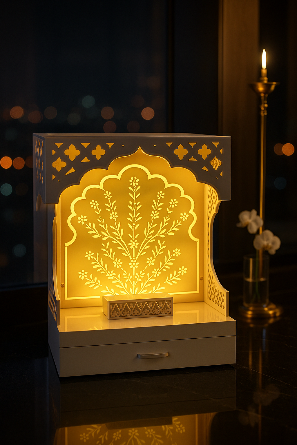 Buy Acrylic Mandir for Home Online — Custom Pooja Unit — Luxury Indian Home Interior — Satguru Creations