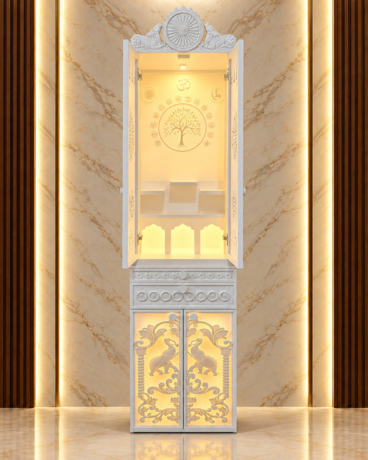 Compact Jain mandir with doors open, showing the illuminated Kalpavruksh interior and lower elephant panels.