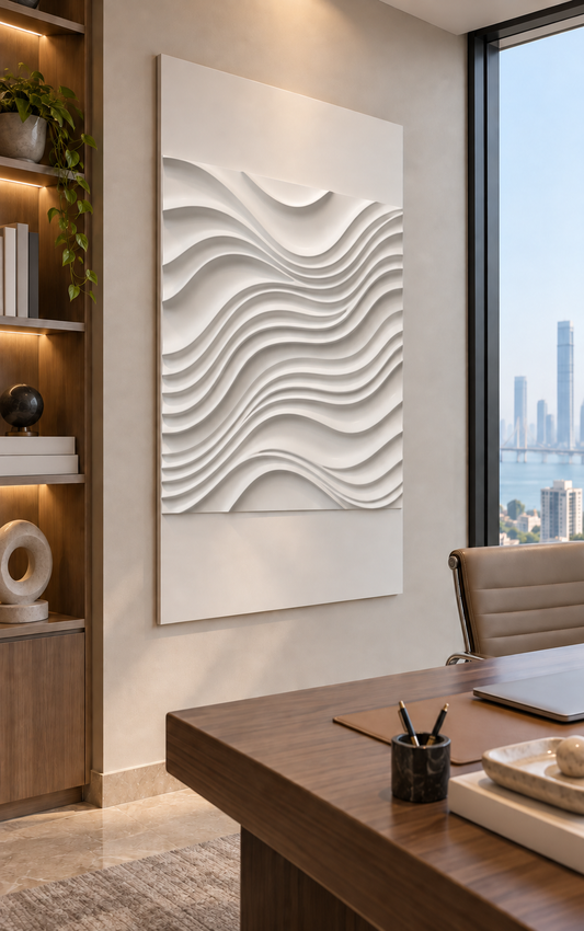 Contour Current Wavefield Corian wall panel, left view in a Worli home office
