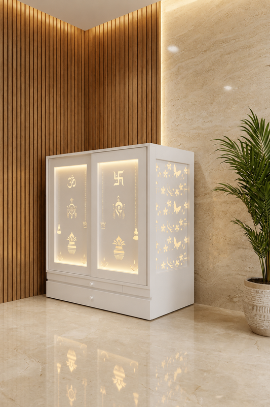 White Corian home temple with closed pocket doors, floral side jali and warm motif lighting