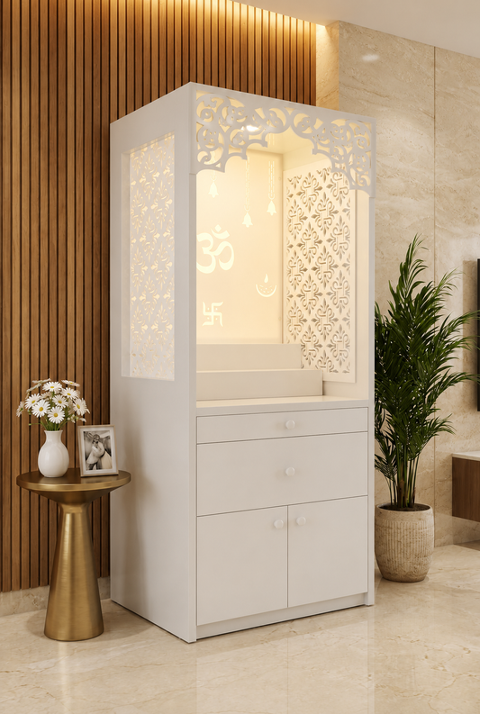 White Corian home temple with carved canopy, illuminated side jali and built-in storage