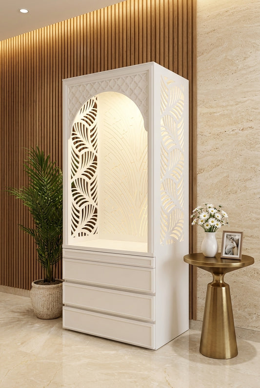 Banana Leaf Jali Corian Mandir — Fretwork Pooja Temple — Luxury Home Interior — Satguru Creations