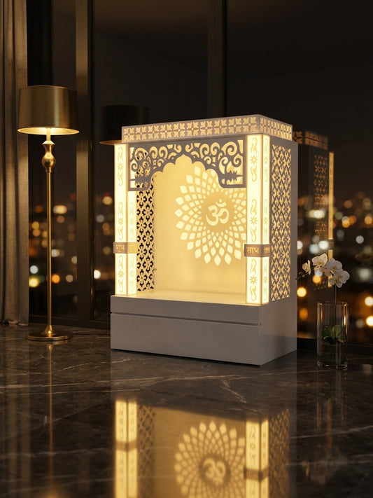 Corian Mandir for Home and Office — Compact Designer Temple — Luxury Indian Home Interior — Satguru Creations