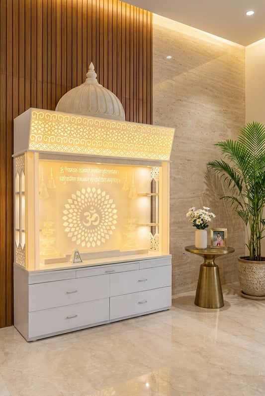 Big Corian Mandir for Home — 5.5 x 7 ft Dome Top — Luxury Home Interior — Satguru Creations