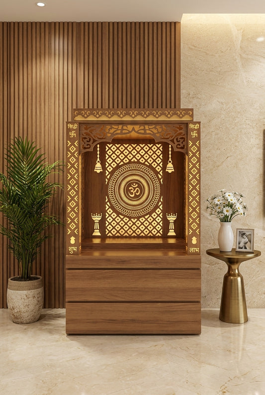 Compact Corian Mandir for Home with Hidden Storage — Luxury Home Interior — Satguru Creations