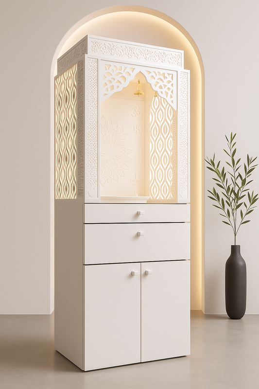 Corian Mandir for Home — Dual-Tone Classic Family Temple — Luxury Indian Home Interior — Satguru Creations