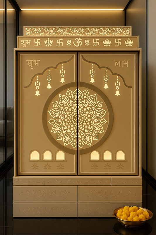 Traditional Corian Mandir for Home — Om Lotus Arch — Luxury Indian Home Interior — Satguru Creations