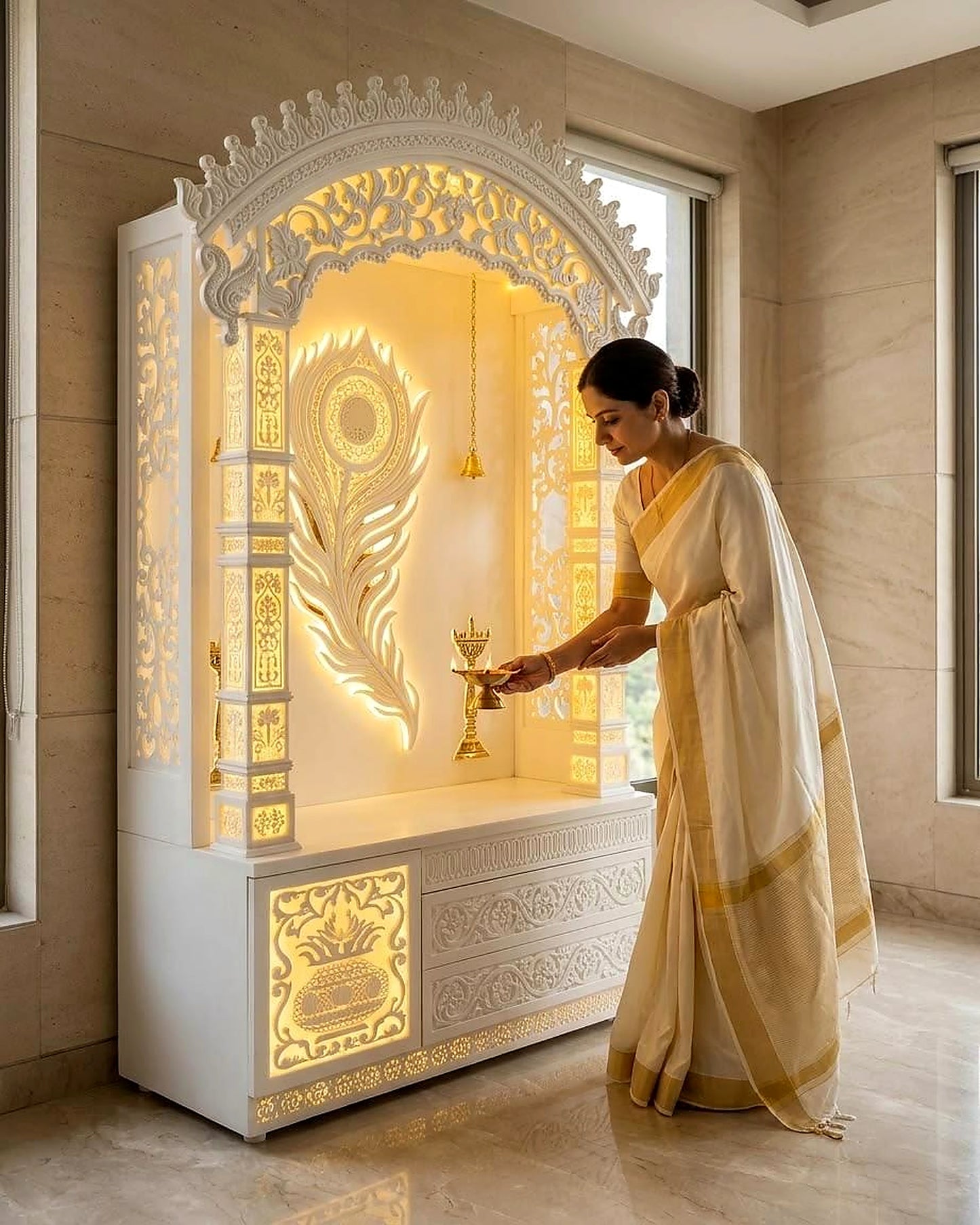 7ft Glacier White Corian mandir with backlit peacock feather carving, arched jali canopy and storage drawers, handcrafted by Satguru Creations