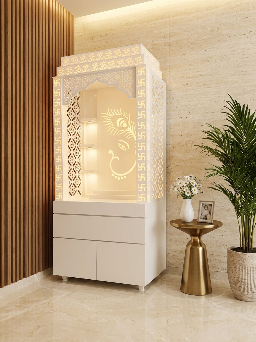 Corian Mandir Swastik Pillars Ganesha Peacock Backdrop — Luxury Indian Home Interior — Satguru Creations