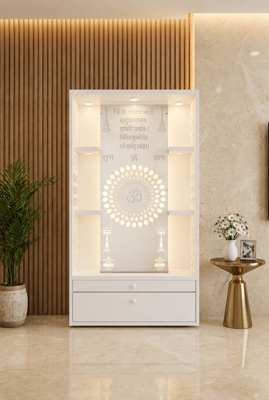 White Corian open altar with Gayatri mantra panel, backlit Om design and two storage drawers