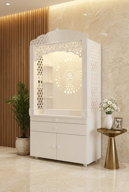 Corian Temple with Om Symbol and Storage 6ft x 2ft x 1.2ft — Luxury Home Interior — Satguru Creations