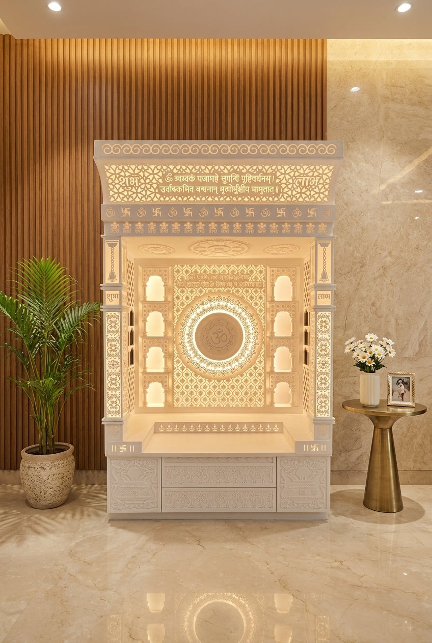Backlit Large Corian Temple Om Mandala with Tilted Dome — Luxury Home Interior — Satguru Creations