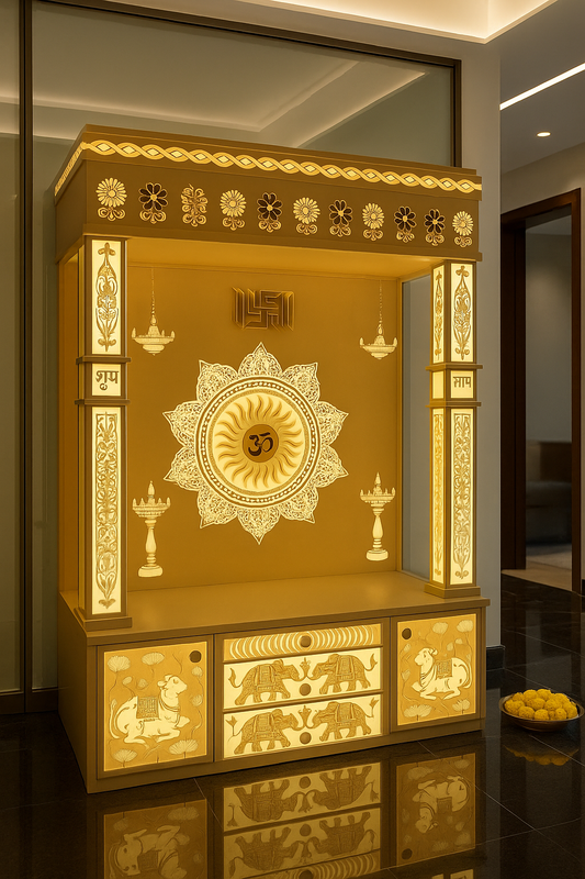 Corian Temple with 3D Om Drawers — Backlit Pillars — Luxury Indian Home Interior — Satguru Creations