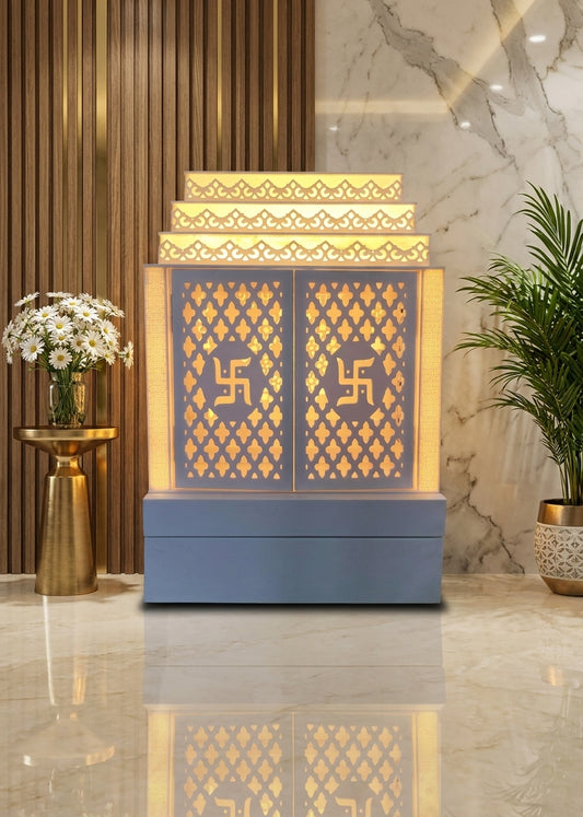Wall-Mount Corian Mandir with Door — Compact Floating Temple — Luxury Home Interior — Satguru Creations