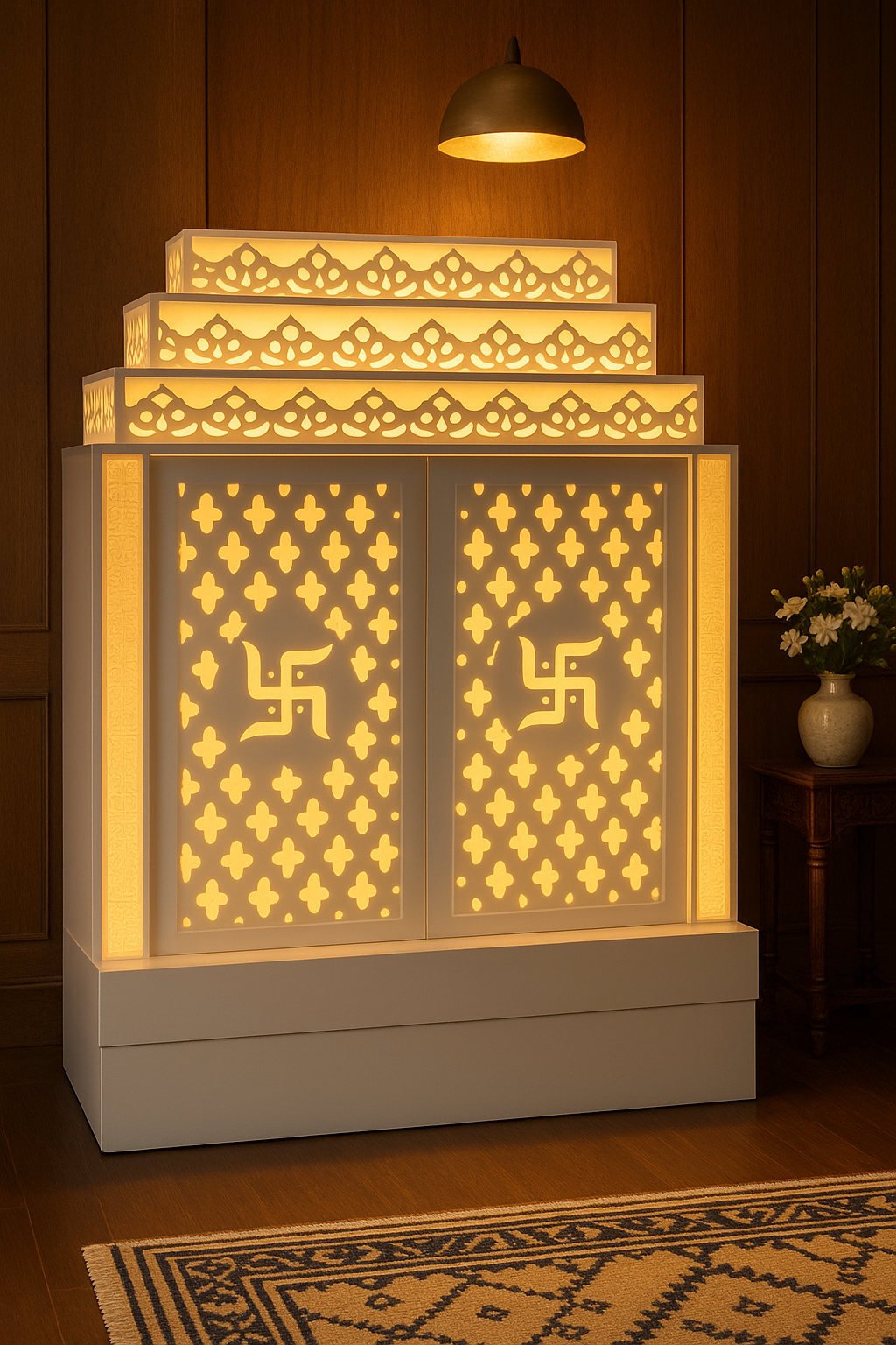 Wall-Mount Corian Mandir with Door — Compact Floating Temple — Luxury Indian Home Interior — Satguru Creations