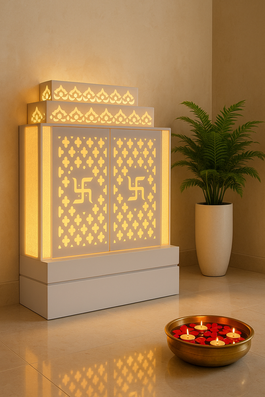 Wall-Mount Corian Mandir with Door — Compact Floating Temple — Luxury Indian Home Interior — Satguru Creations