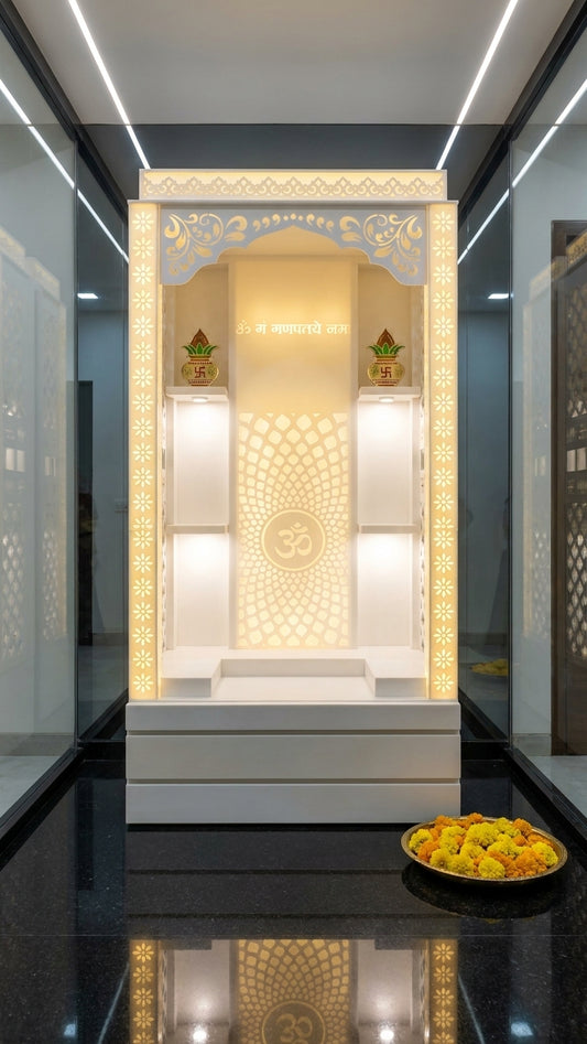 Corian Mandir with Display Shelves for Home Pooja Room — Luxury Indian Home Interior — Satguru Creations