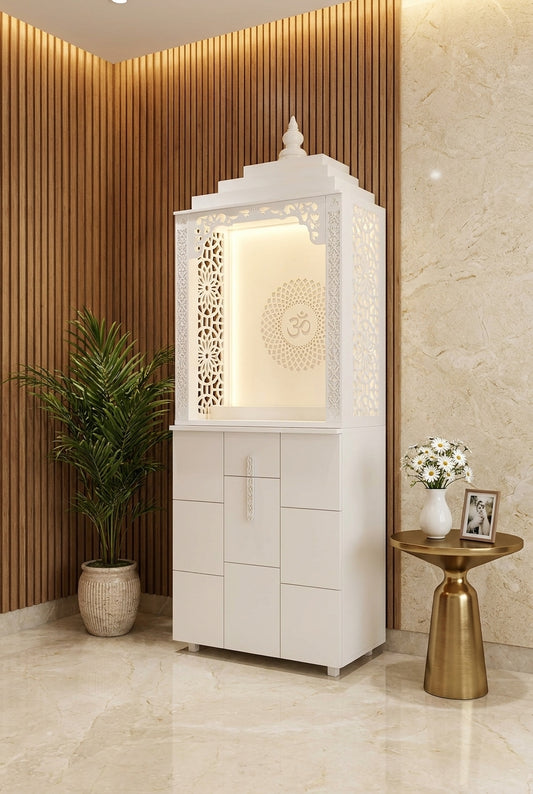 Corian Temple with Storage — Drawer Cabinet Pooja Unit — Luxury Home Interior — Satguru Creations
