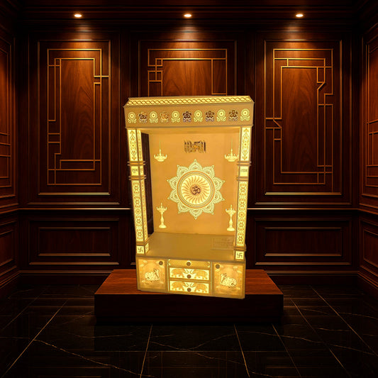 Buy Corian Temple with 3D Om Drawers — Backlit Pillars | Handcrafted Corian Temple Design | Satguru Creations