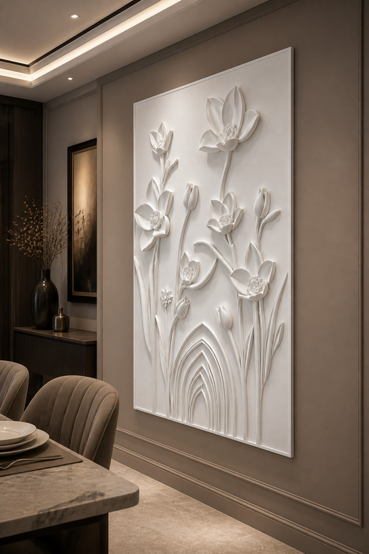 Lotus Arch Garden white Corian wall panel left angle in warm-taupe Parel dining room