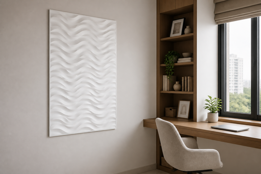Tidal Rhythm white Corian wall panel, left angle view in a Mumbai home interior visualisation