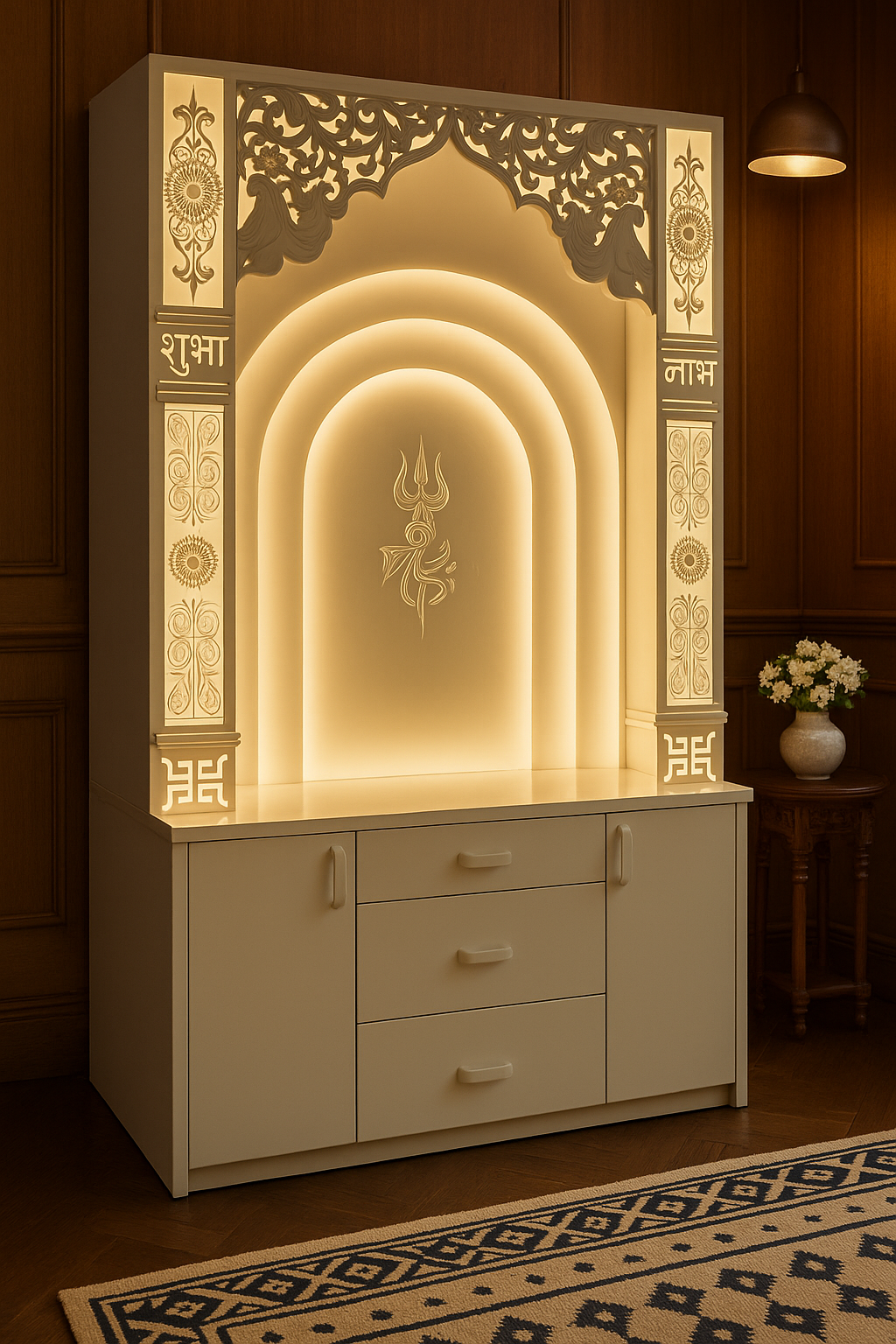 Corian Temple with 3 Layers and Trishul — Backlit Shiv Mandir — Luxury Indian Home Interior — Satguru Creations