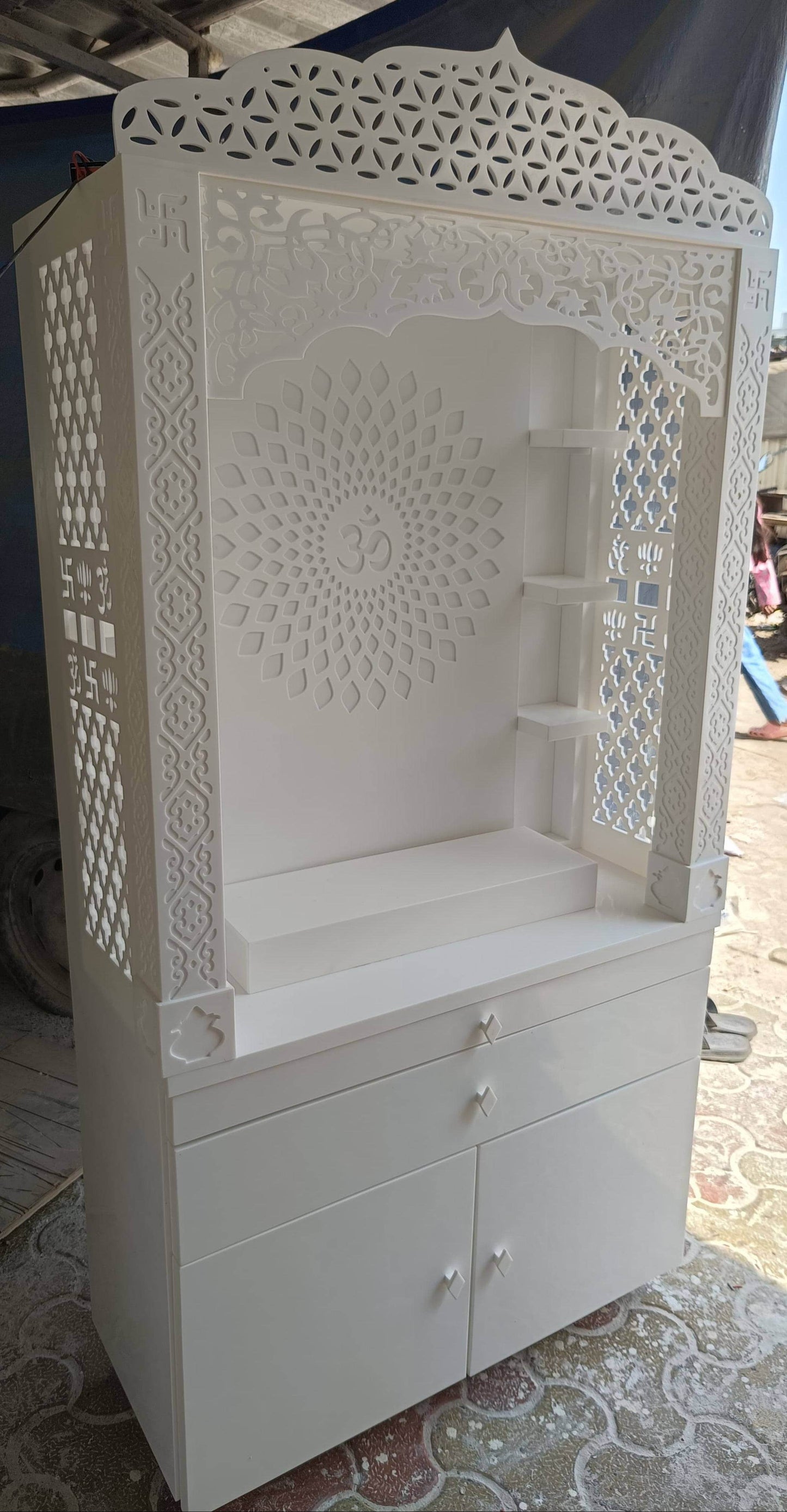 Corian Temple design with Om and storage 5.5ft x 3ft x 1.2ft - Home temple