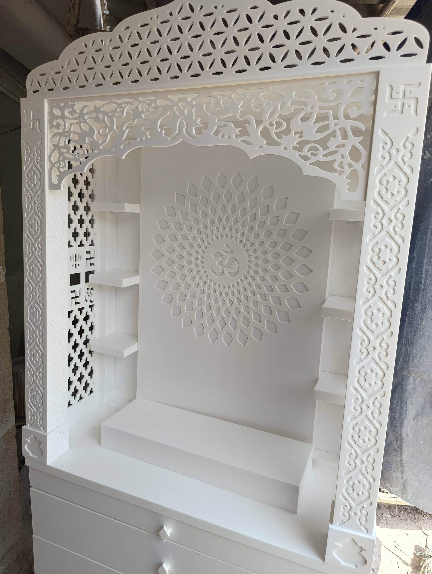 Corian Temple design with Om and storage 5.5ft x 3ft x 1.2ft - Home temple