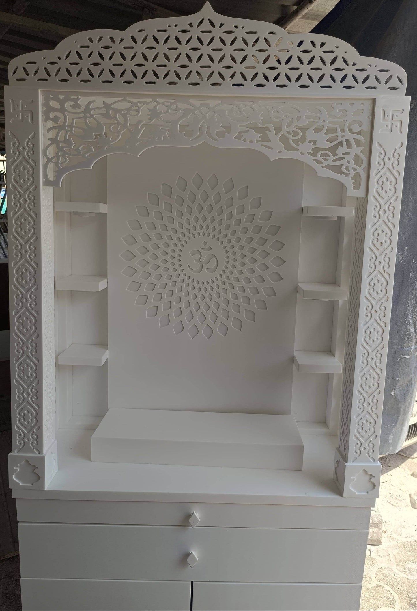 Corian Temple design with Om and storage 5.5ft x 3ft x 1.2ft - Home temple