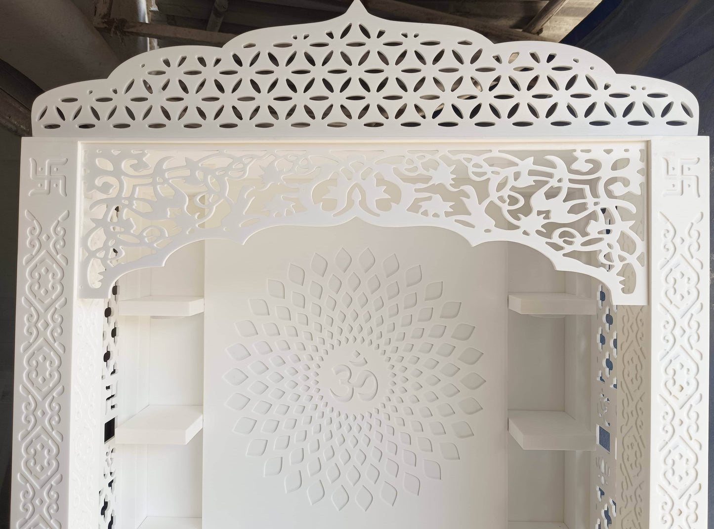 Corian Temple design with Om and storage 5.5ft x 3ft x 1.2ft - Home temple