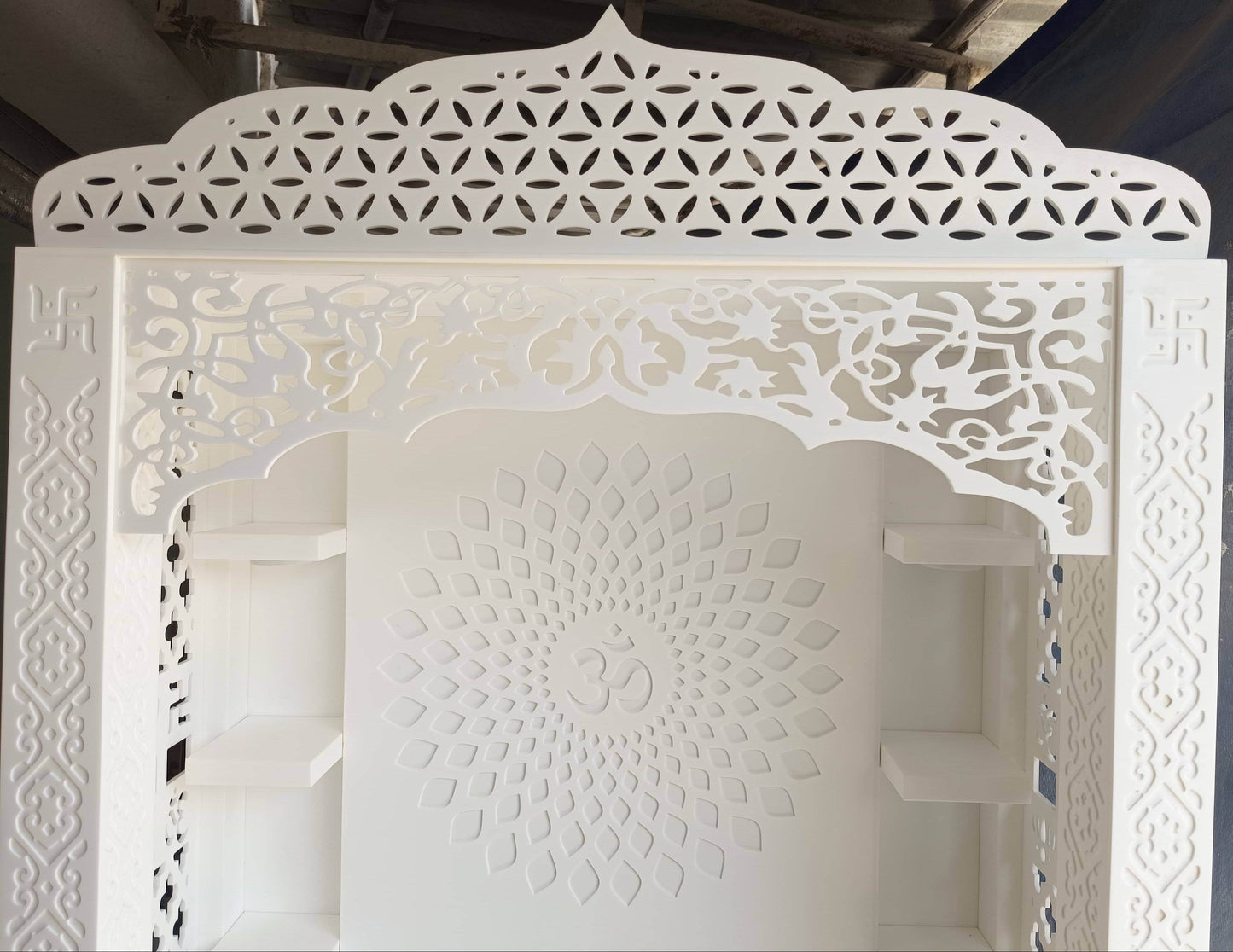 Corian Temple design with Om and storage 5.5ft x 3ft x 1.2ft - Home temple