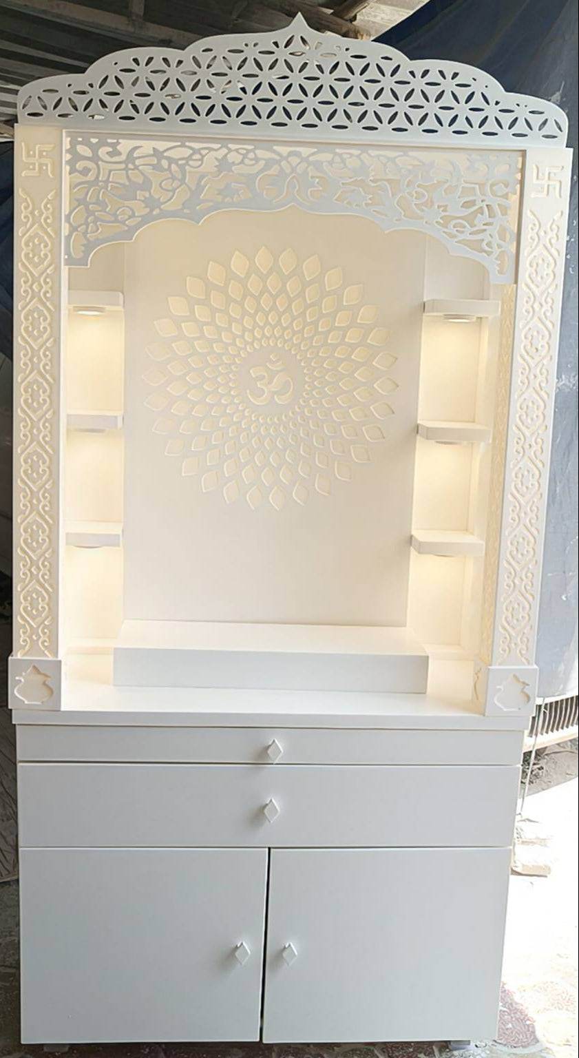 Corian Temple design with Om and storage 5.5ft x 3ft x 1.2ft - Home temple