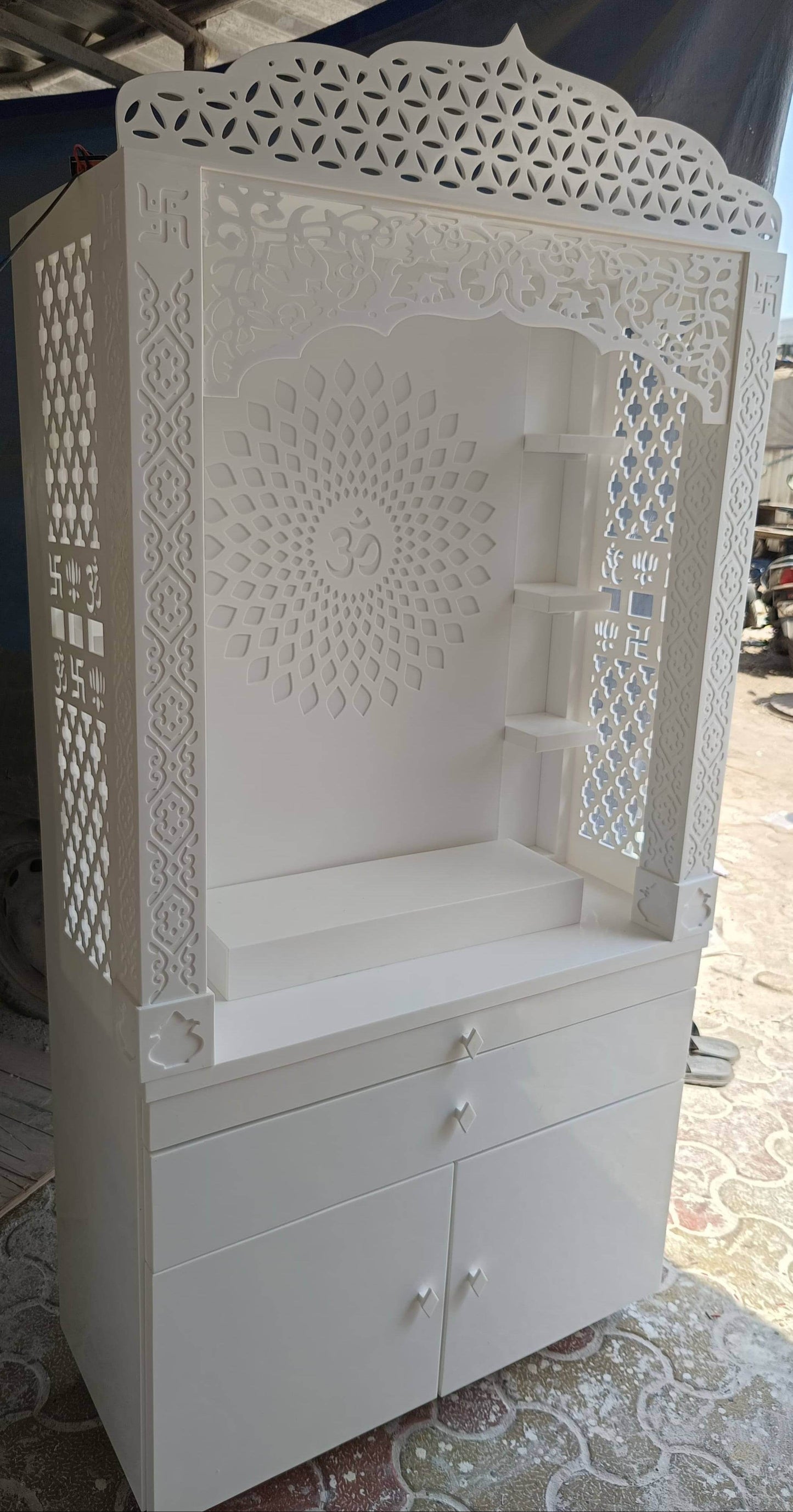 Corian Temple design with Om and storage 5.5ft x 3ft x 1.2ft - Home temple