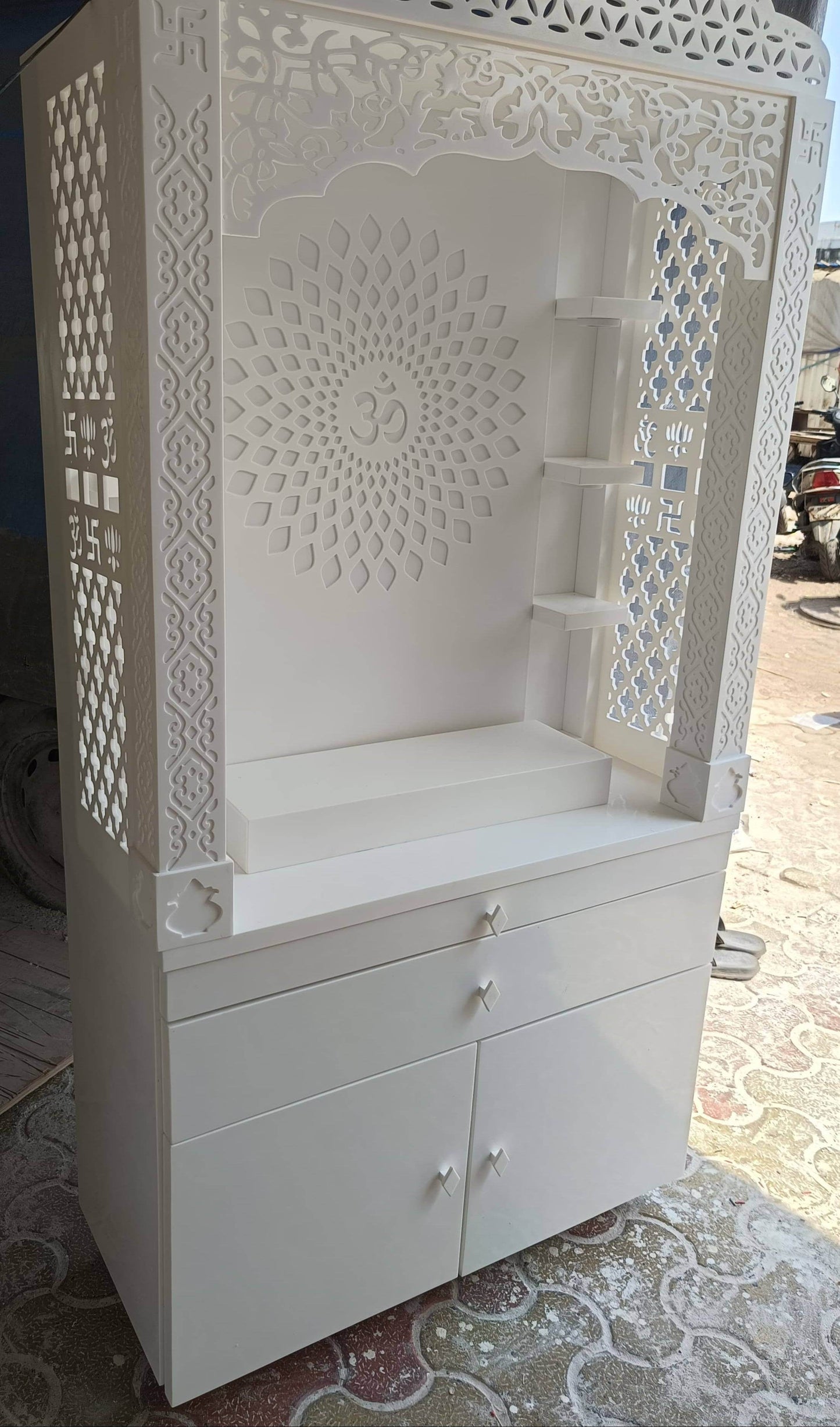 Corian Temple design with Om and storage 5.5ft x 3ft x 1.2ft - Home temple