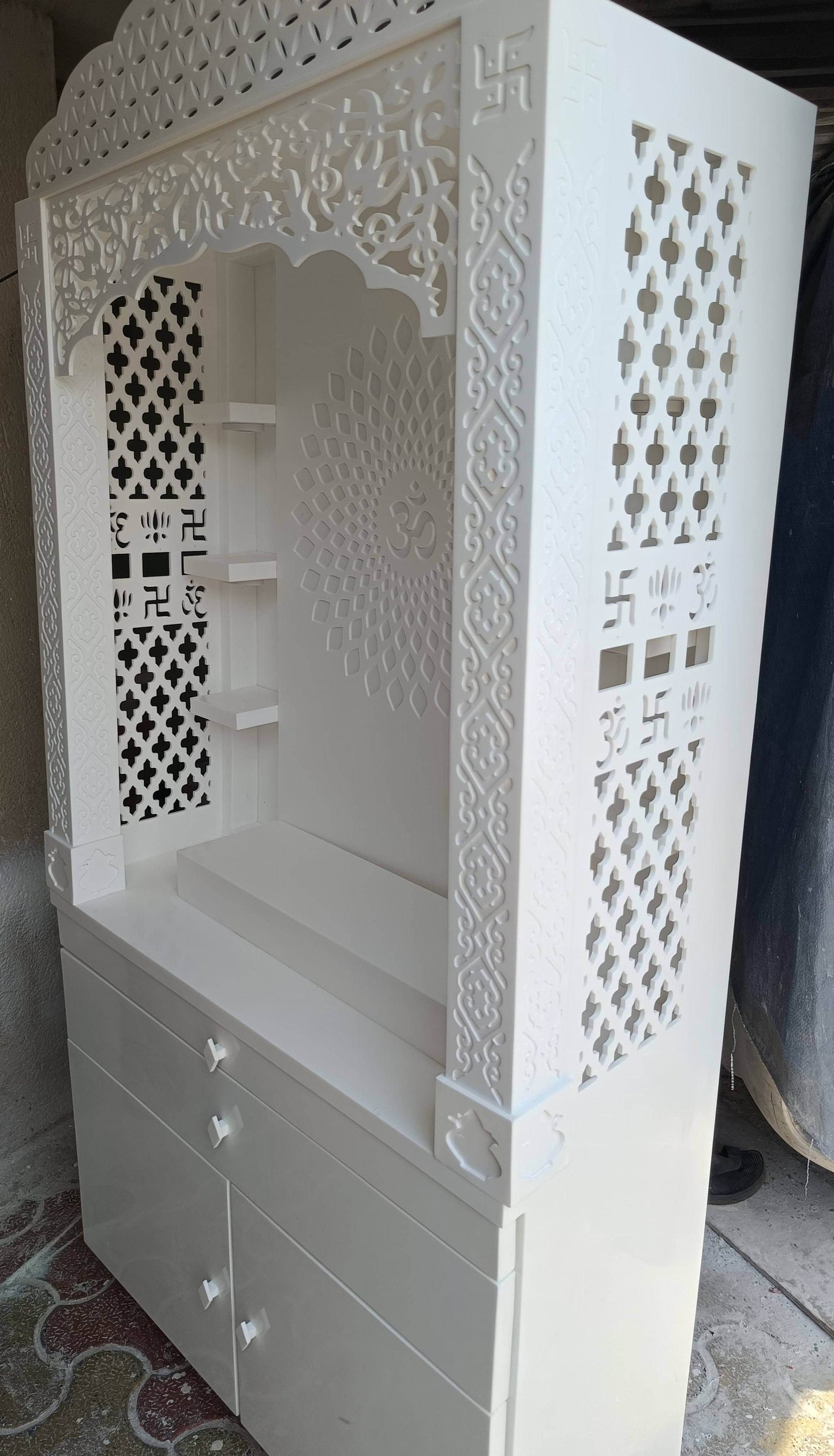 Corian Temple design with Om and storage 5.5ft x 3ft x 1.2ft - Home temple
