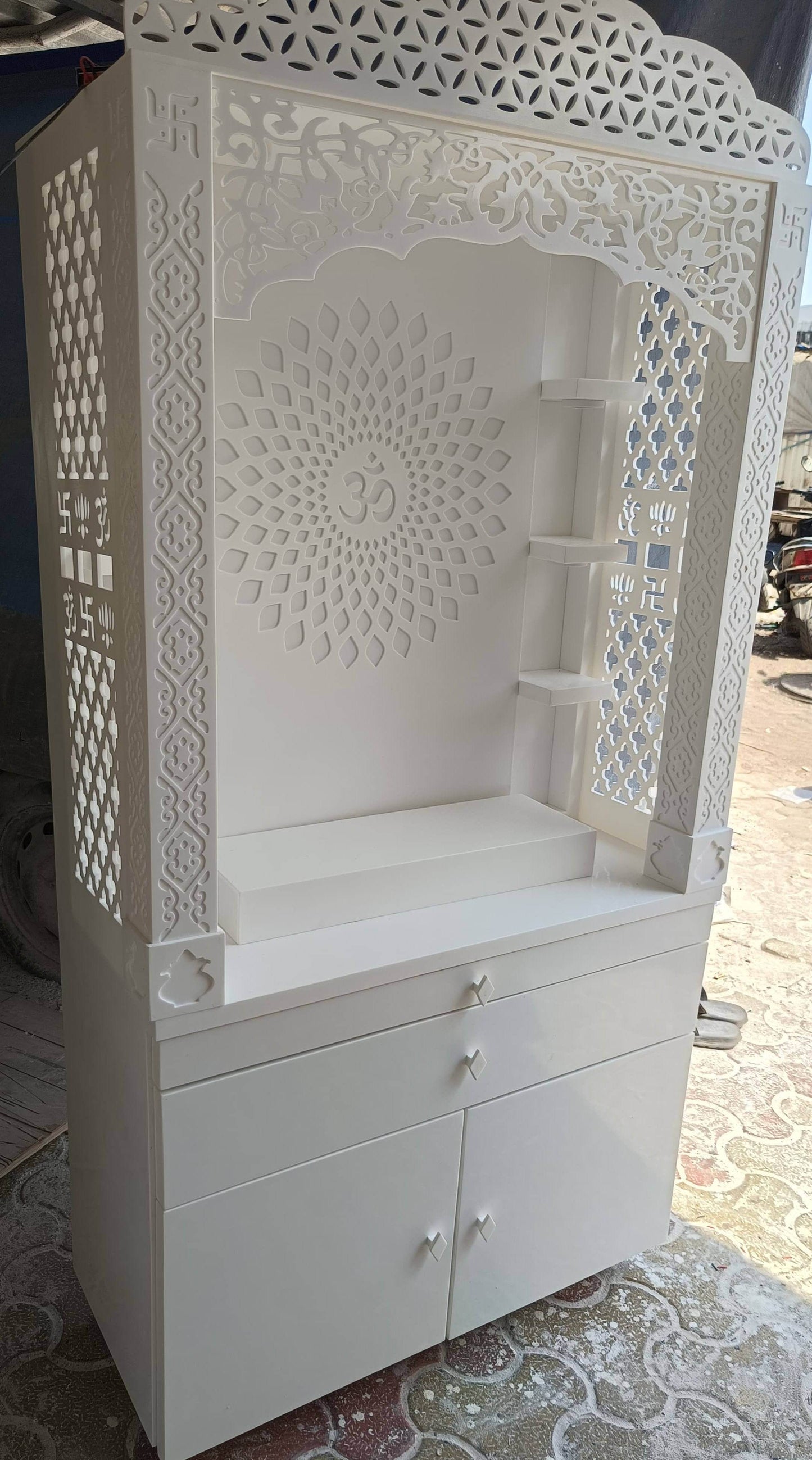 Corian Temple design with Om and storage 5.5ft x 3ft x 1.2ft - Home temple