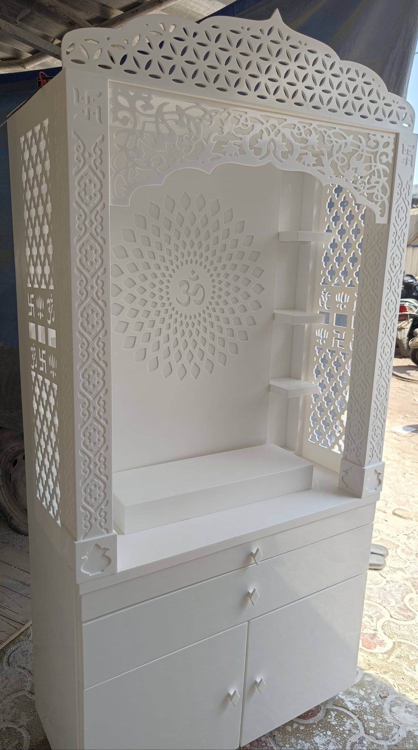 Corian Temple design with Om and storage 5.5ft x 3ft x 1.2ft - Home temple