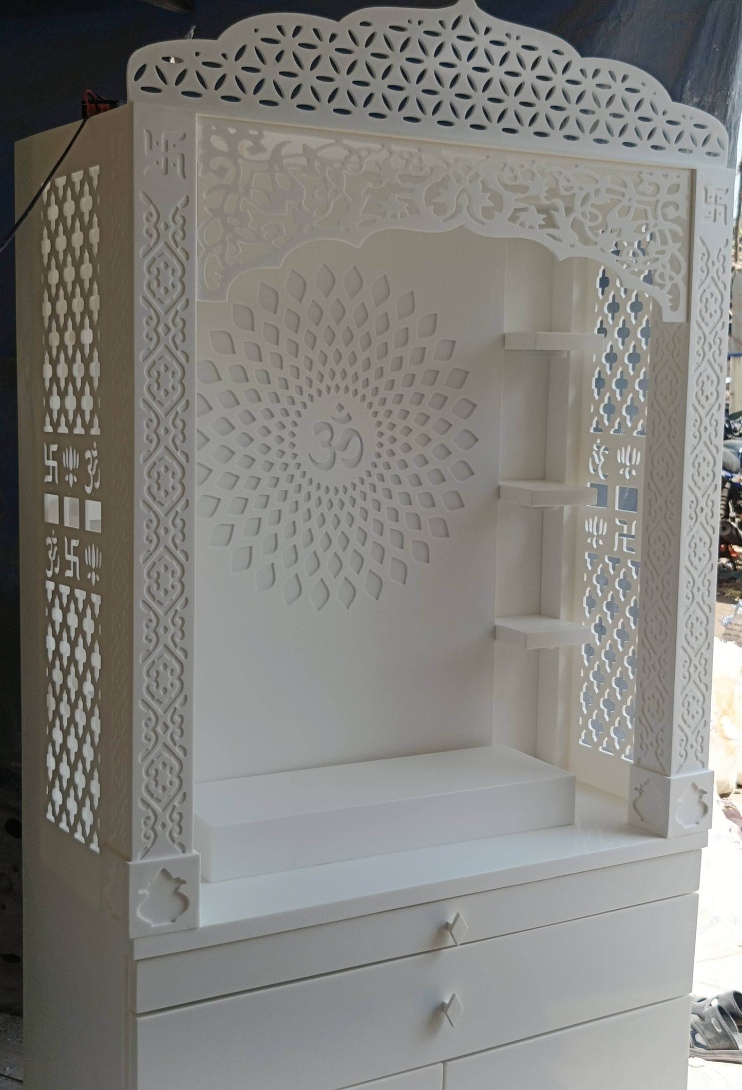 Corian Temple design with Om and storage 5.5ft x 3ft x 1.2ft - Home temple